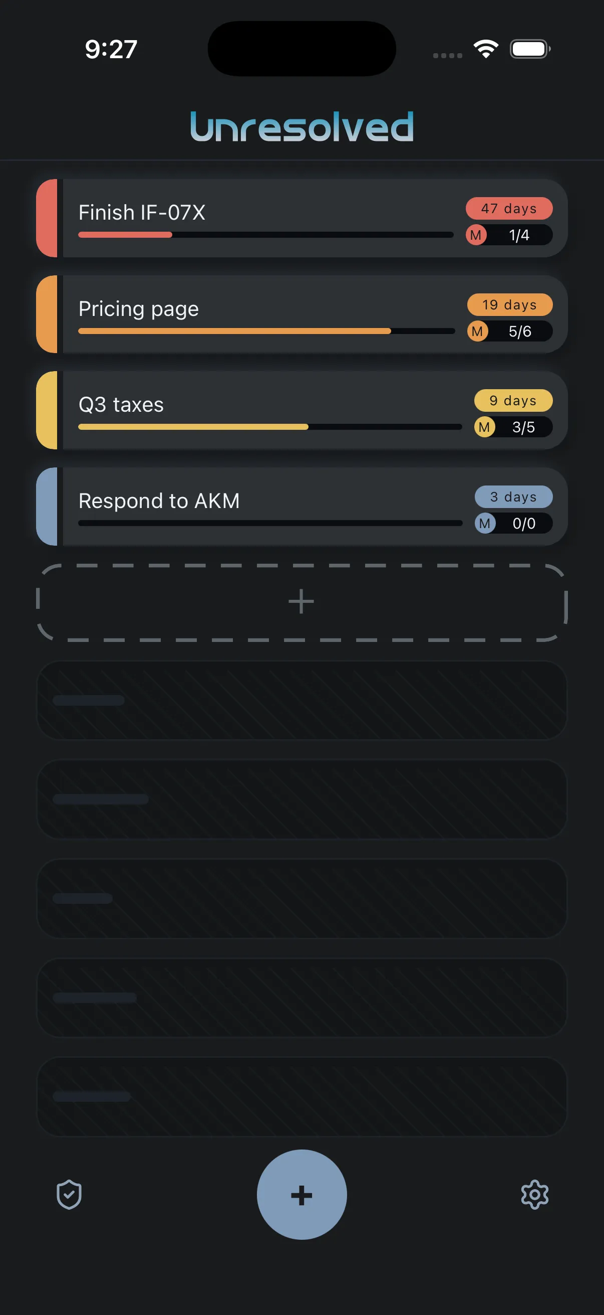 The Unresolved app: four tasks with day counts, and one open slot.